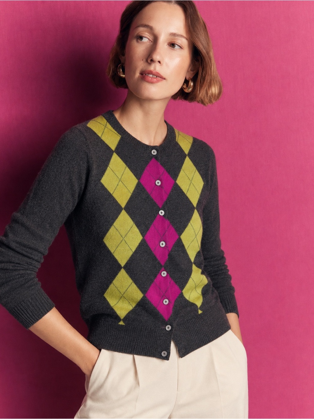 Willi Smith 100% Merino Wool Argyle Button Cardigan Gray Pink Green Women M